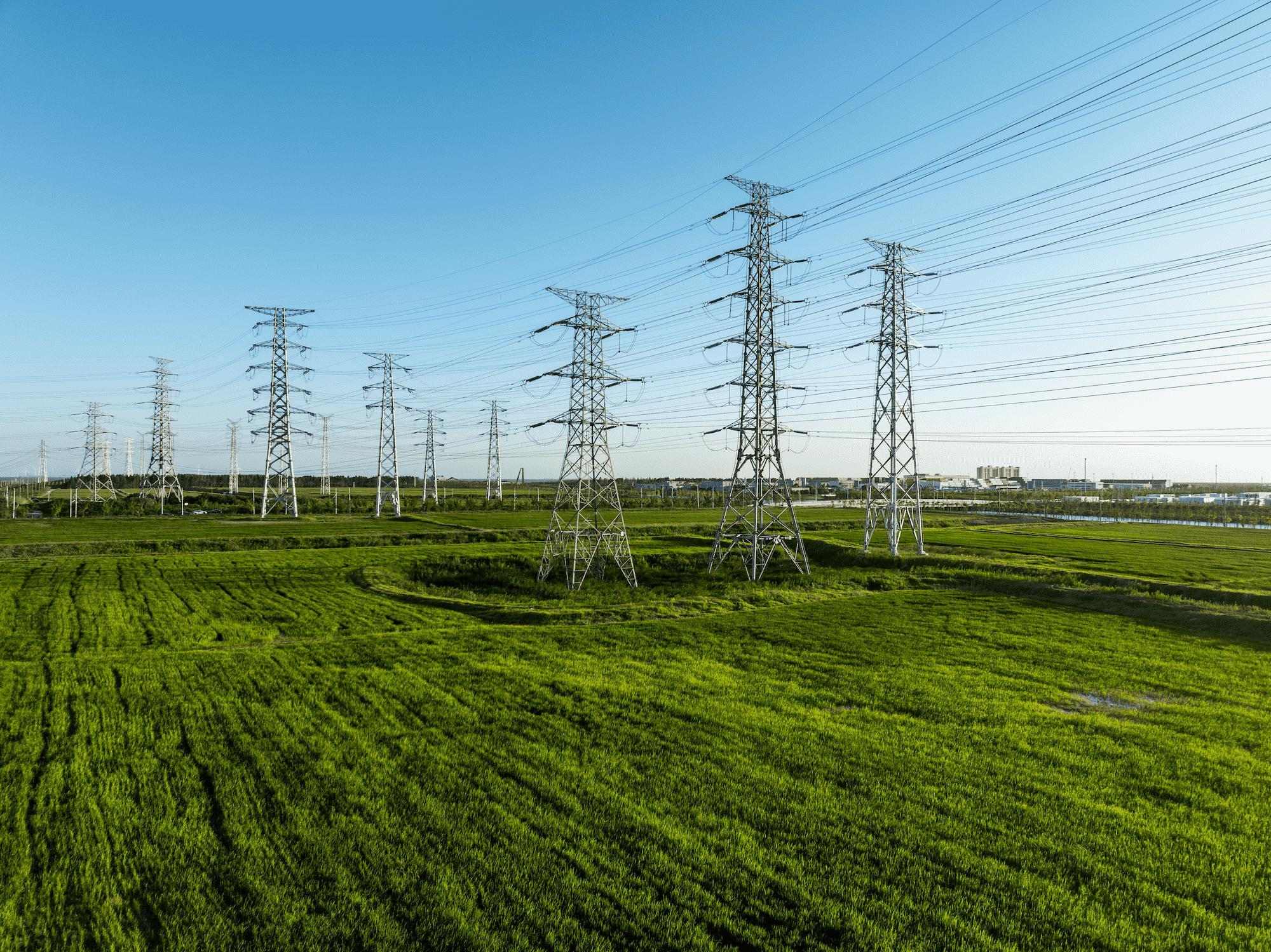 View of Electricity pylons and a big Electrical substation