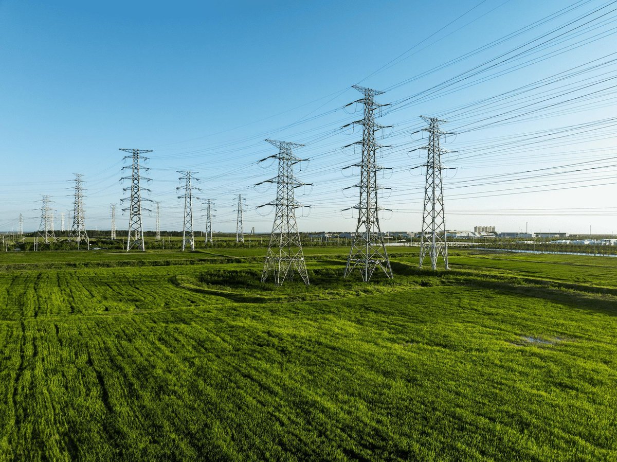 View of Electricity pylons and a big Electrical substation